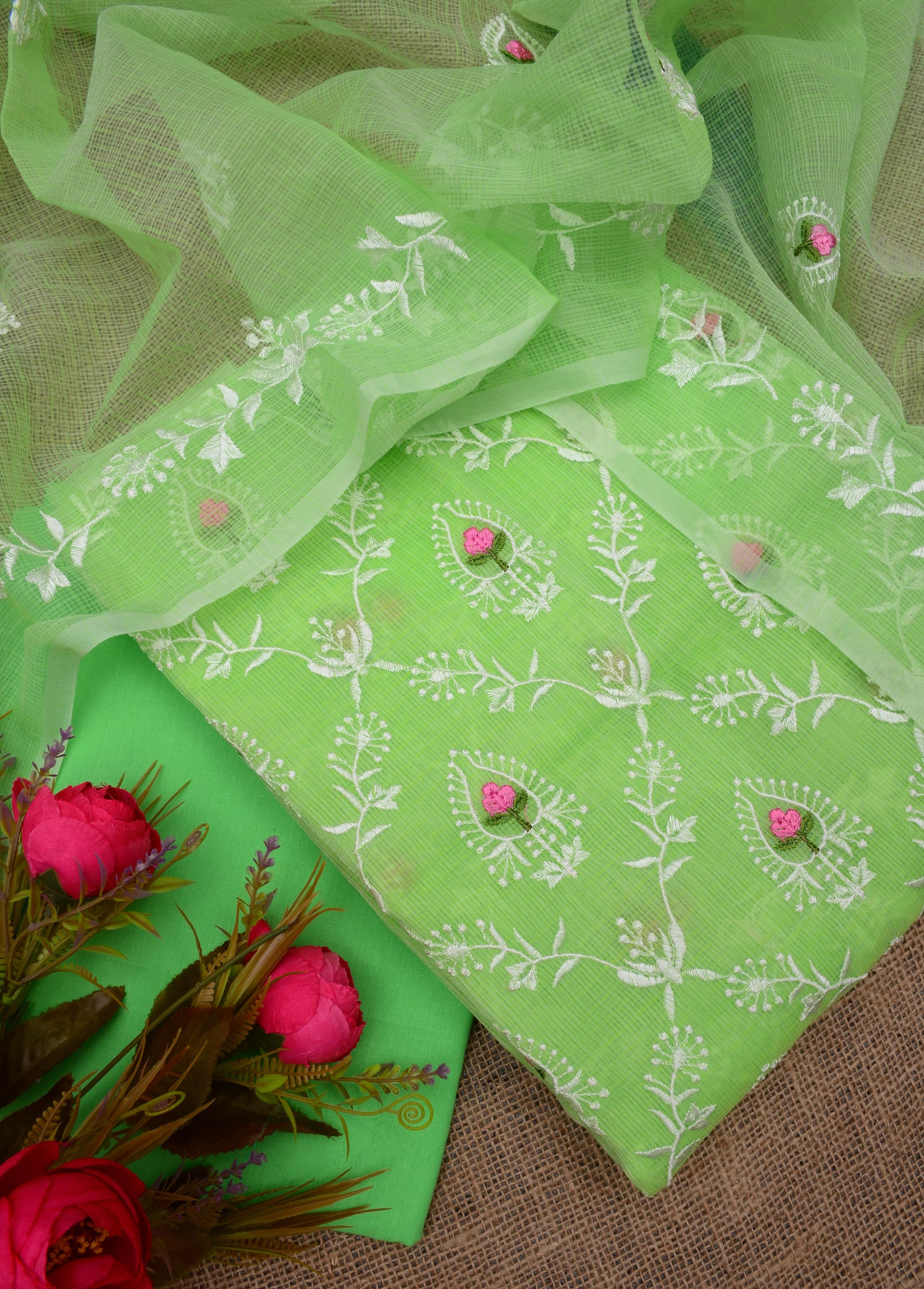 Light Green  Embroided Kota Doria Suit Fabric With Dupatta