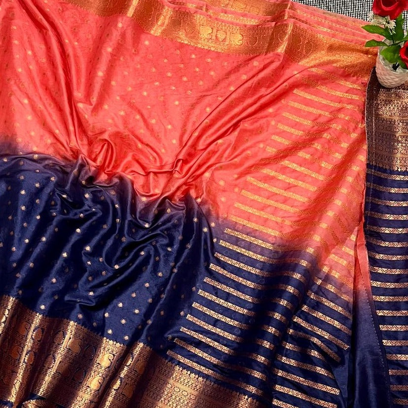 Navy Blue Red Banarasi Semi Silk Saree