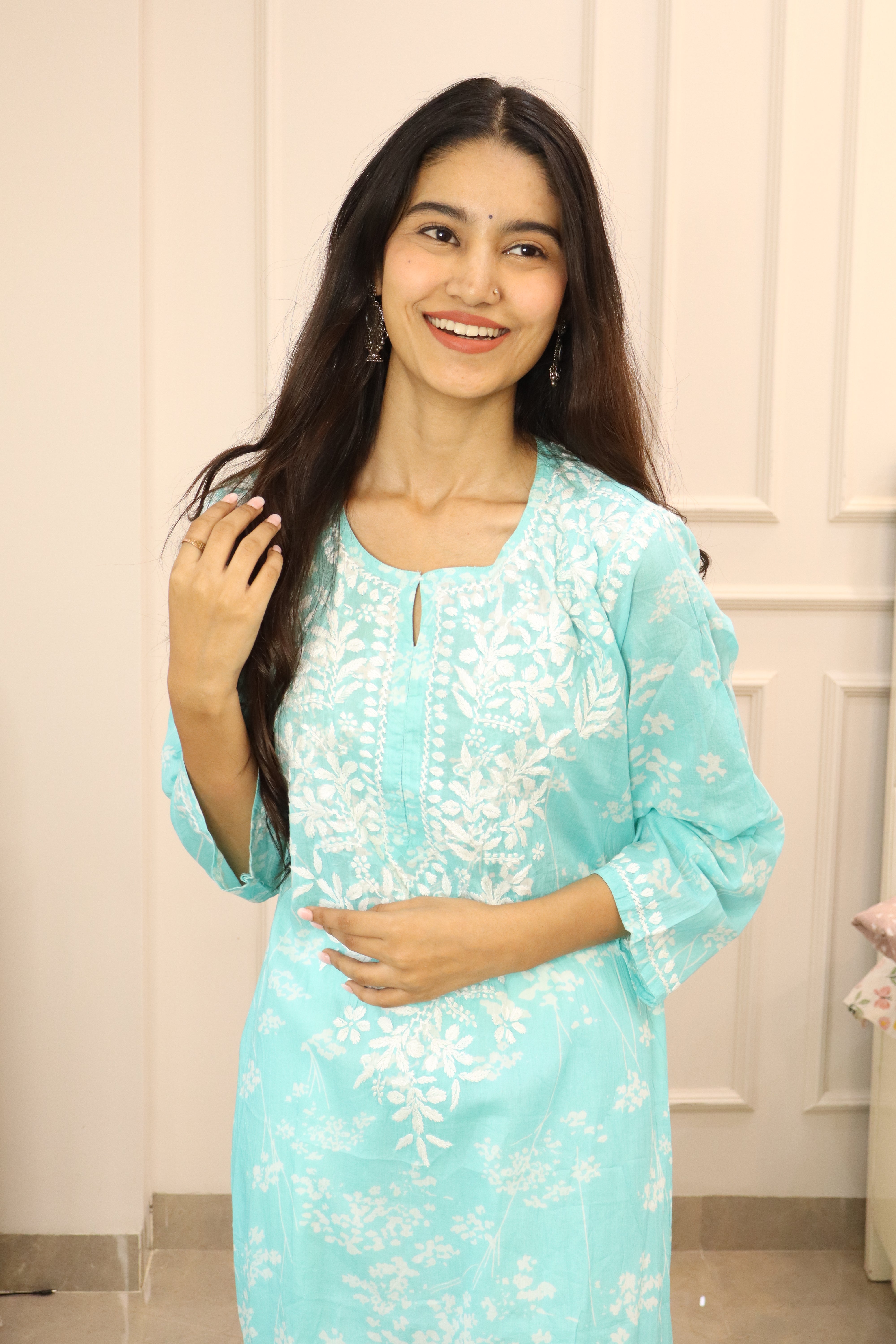 Blue floral mul cotton chikankari kurti (only kurti)