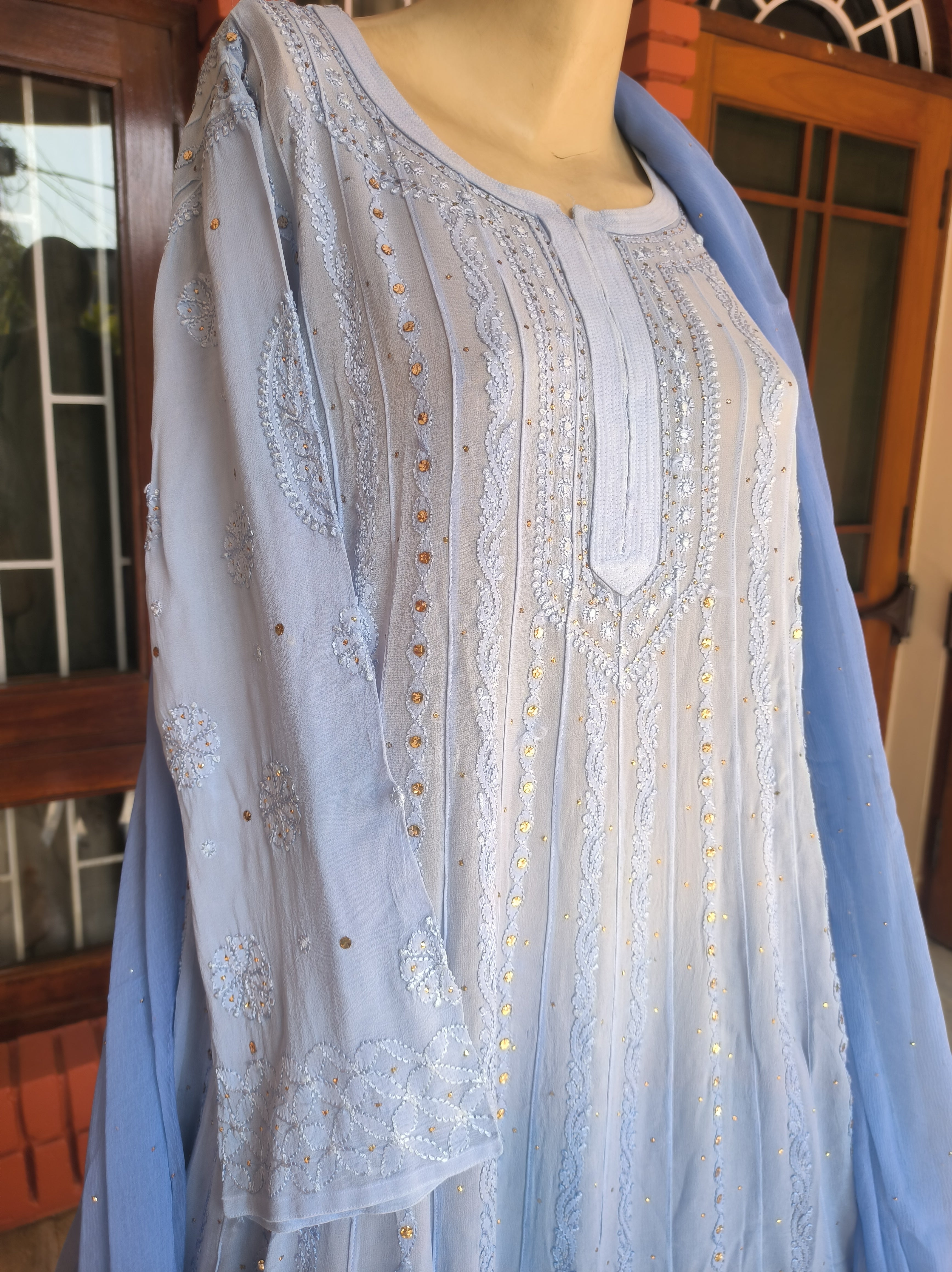 Light blue Lucknowi Chikankari Anarkali Gota Patti Salwar Suit (Semi stitched)