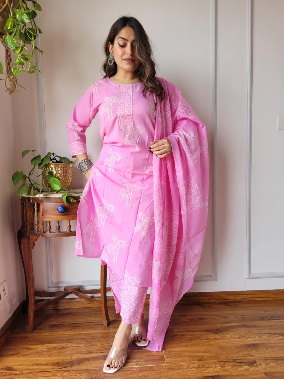 Pink Block Print Suit Set With Dupatta