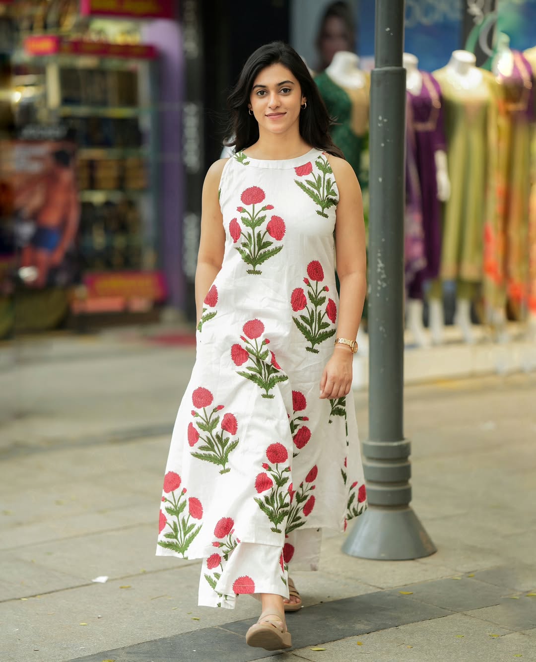 Summer white Flower Print Kurti Palazzo Set