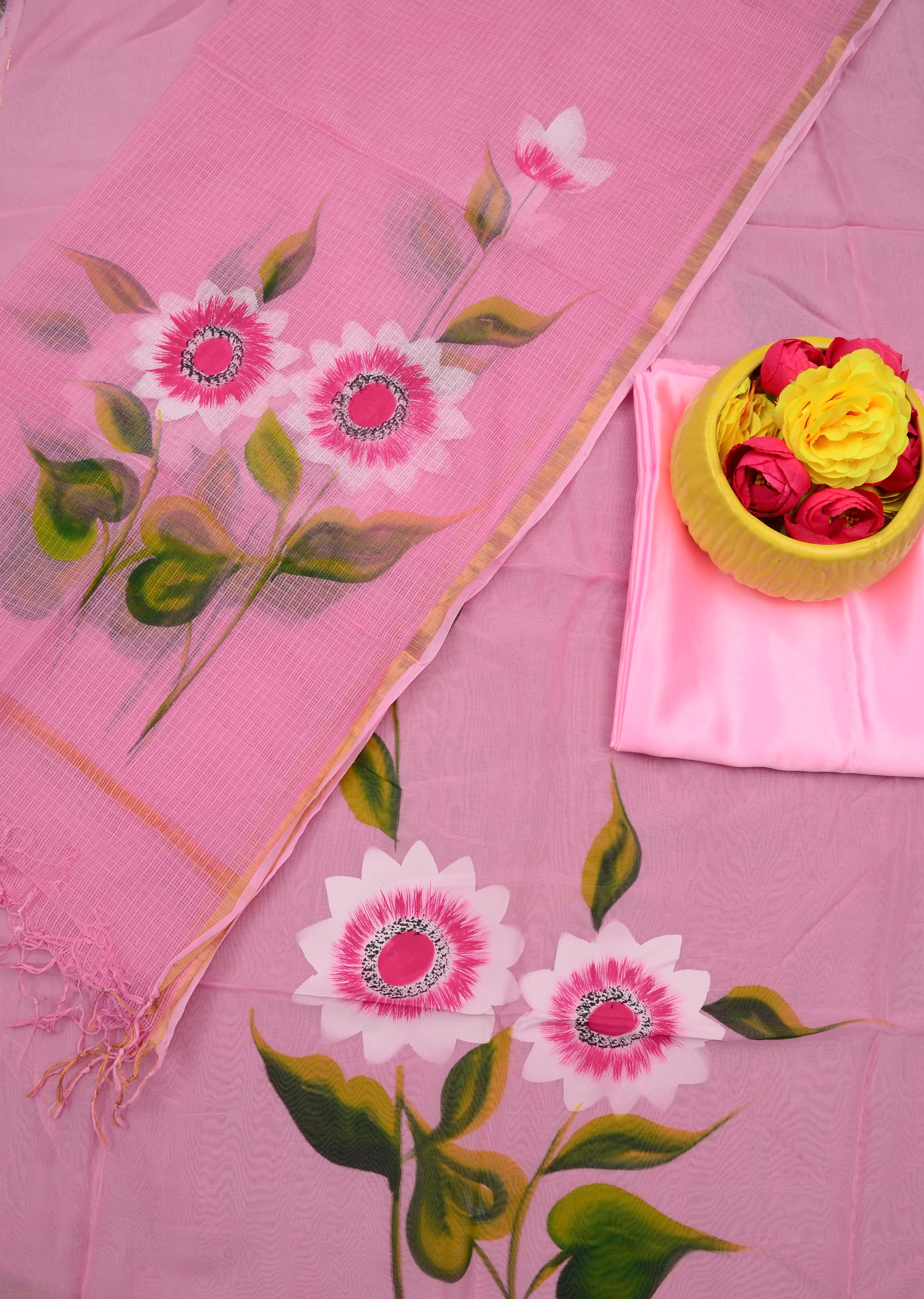 Pink color Hand Painted Cotton Kota Doria Suit With Dupatta