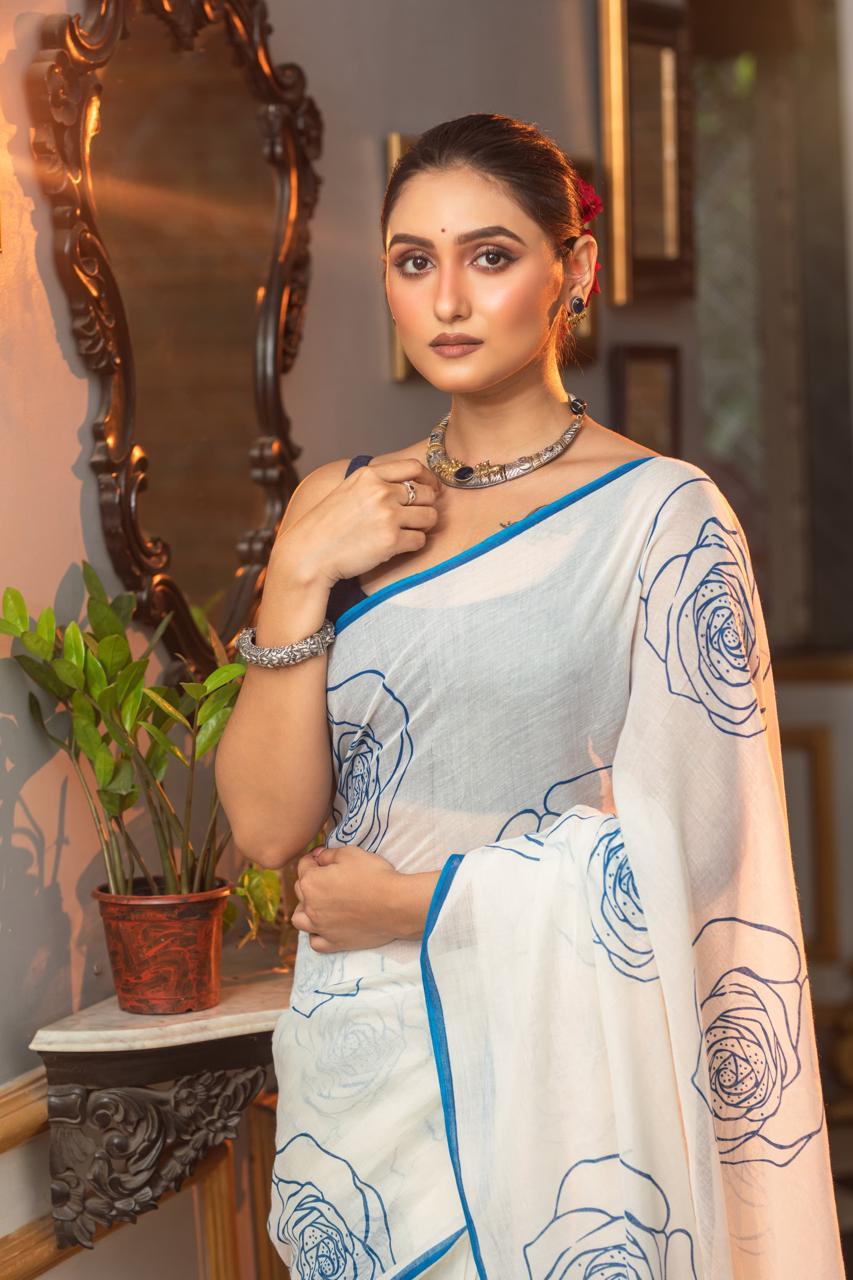 White & Blue Premium Mulmul Cotton Hand Crafted Saree