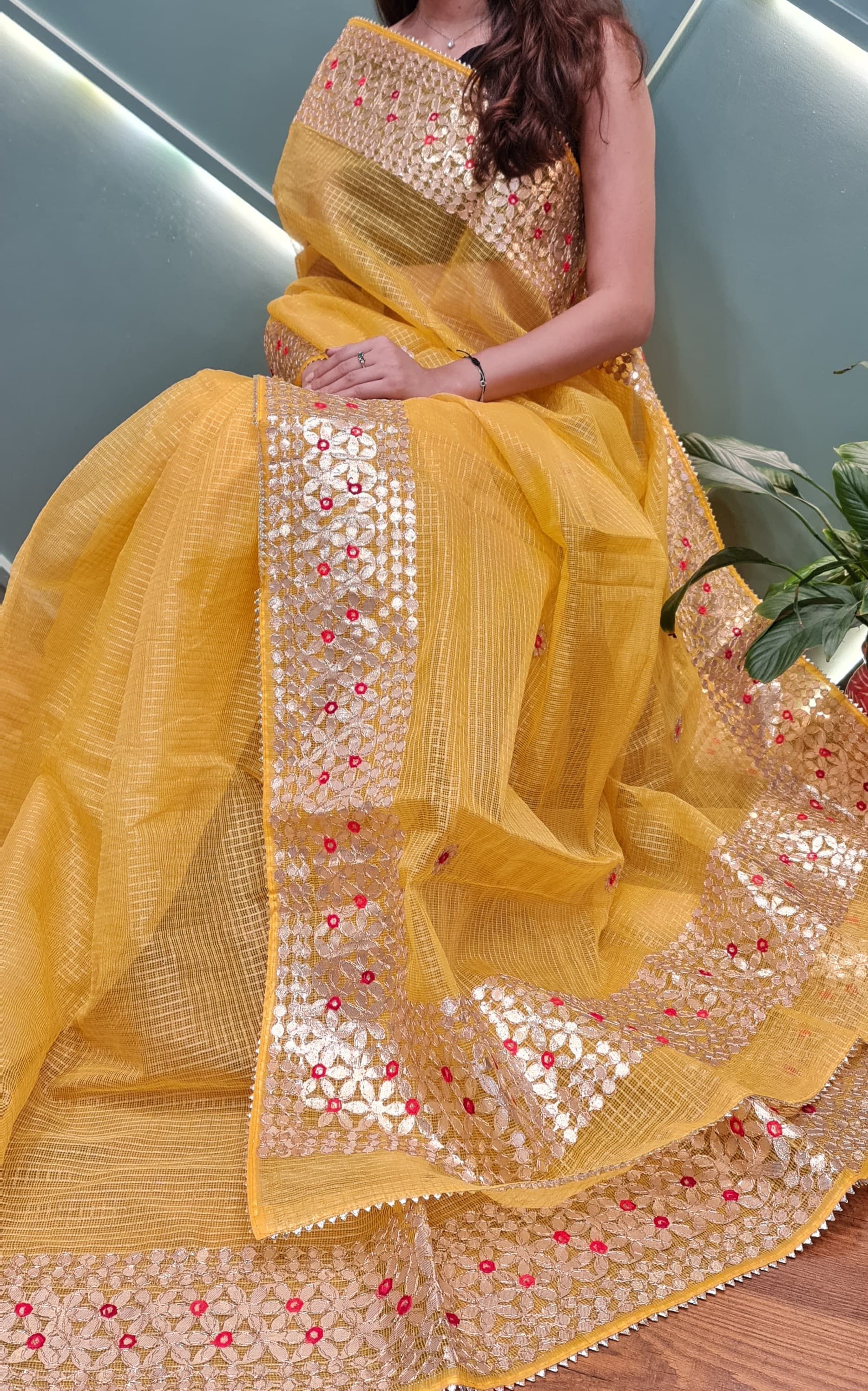 Bulbul- Yellow Kota Doria Heavy Border Gota Patti Saree