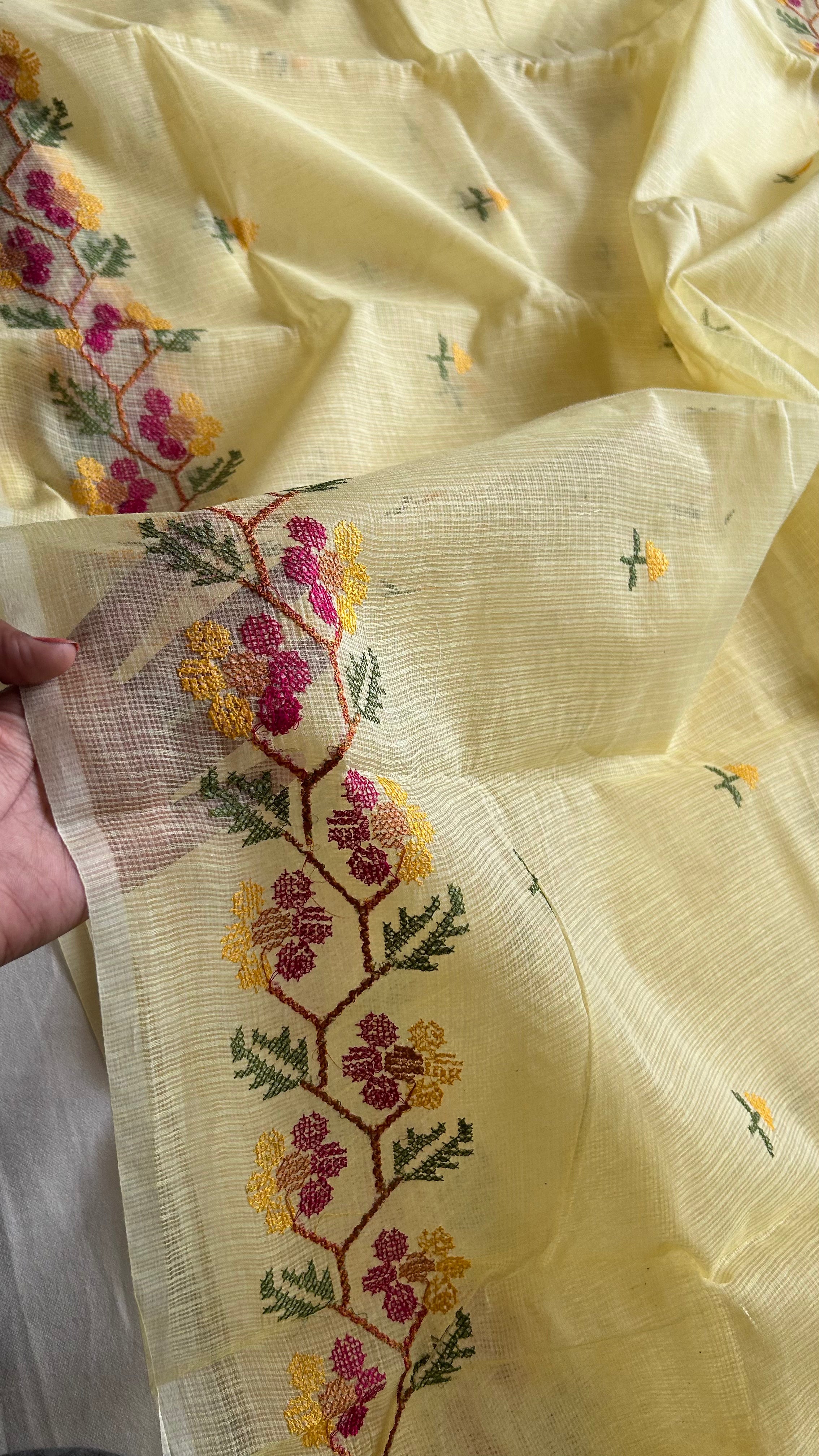 Cross Stitch Kota Doria Embroidery Work Saree In Yellow