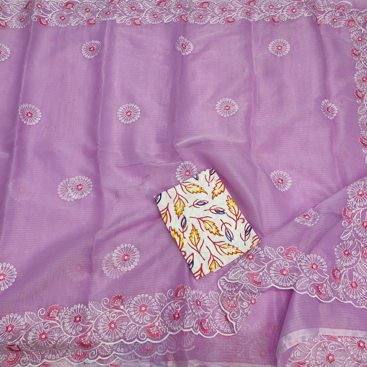Padmika- Lavender Color Kota Doria Embroidery Work Sari