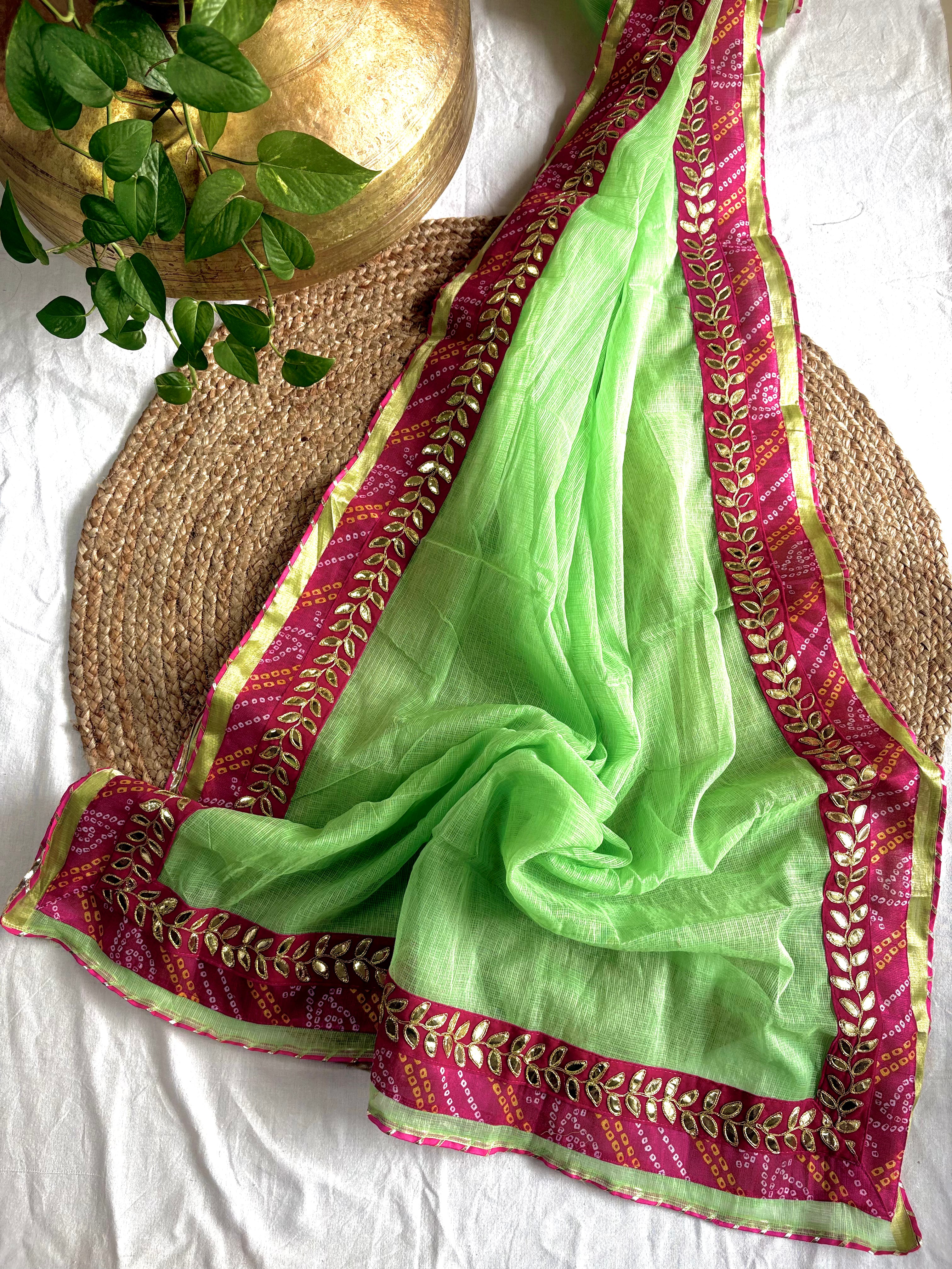 Panna Green colour Kota Doria Gota Patti Saree