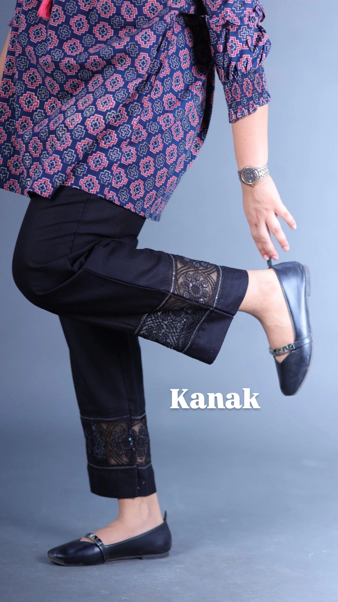 Kanak Black Straight Designer Lace Cotton Pants For Women