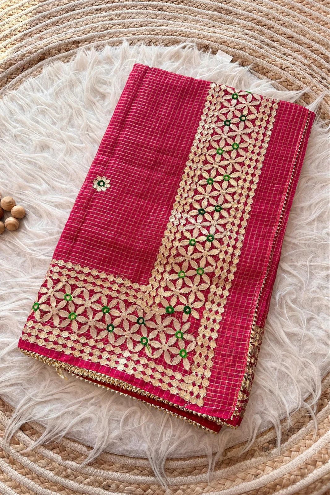 Kesarmati- Rani Pink Kota Doria Heavy Border Gota Patti Saree
