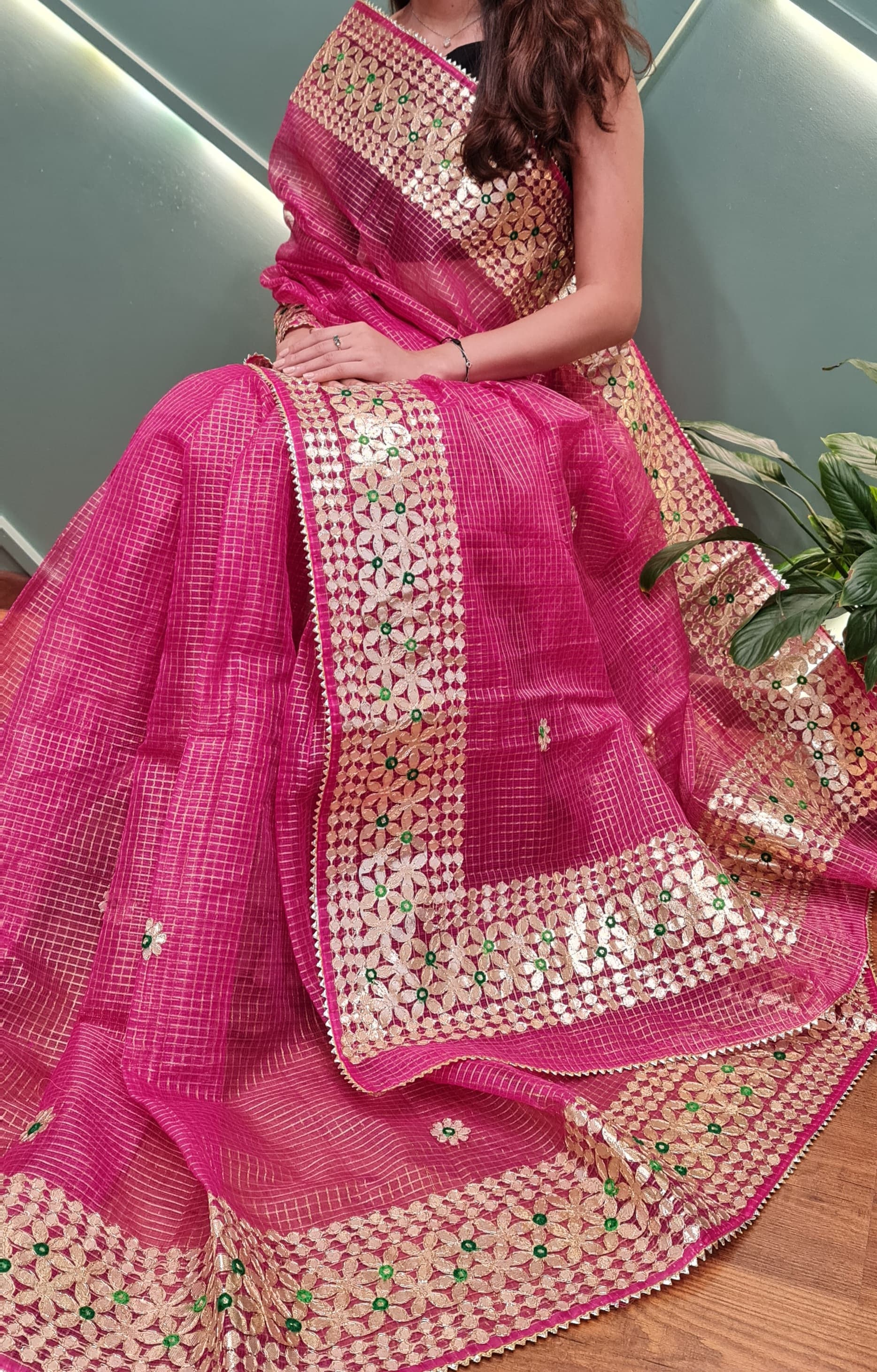Kesarmati- Rani Pink Kota Doria Heavy Border Gota Patti Saree