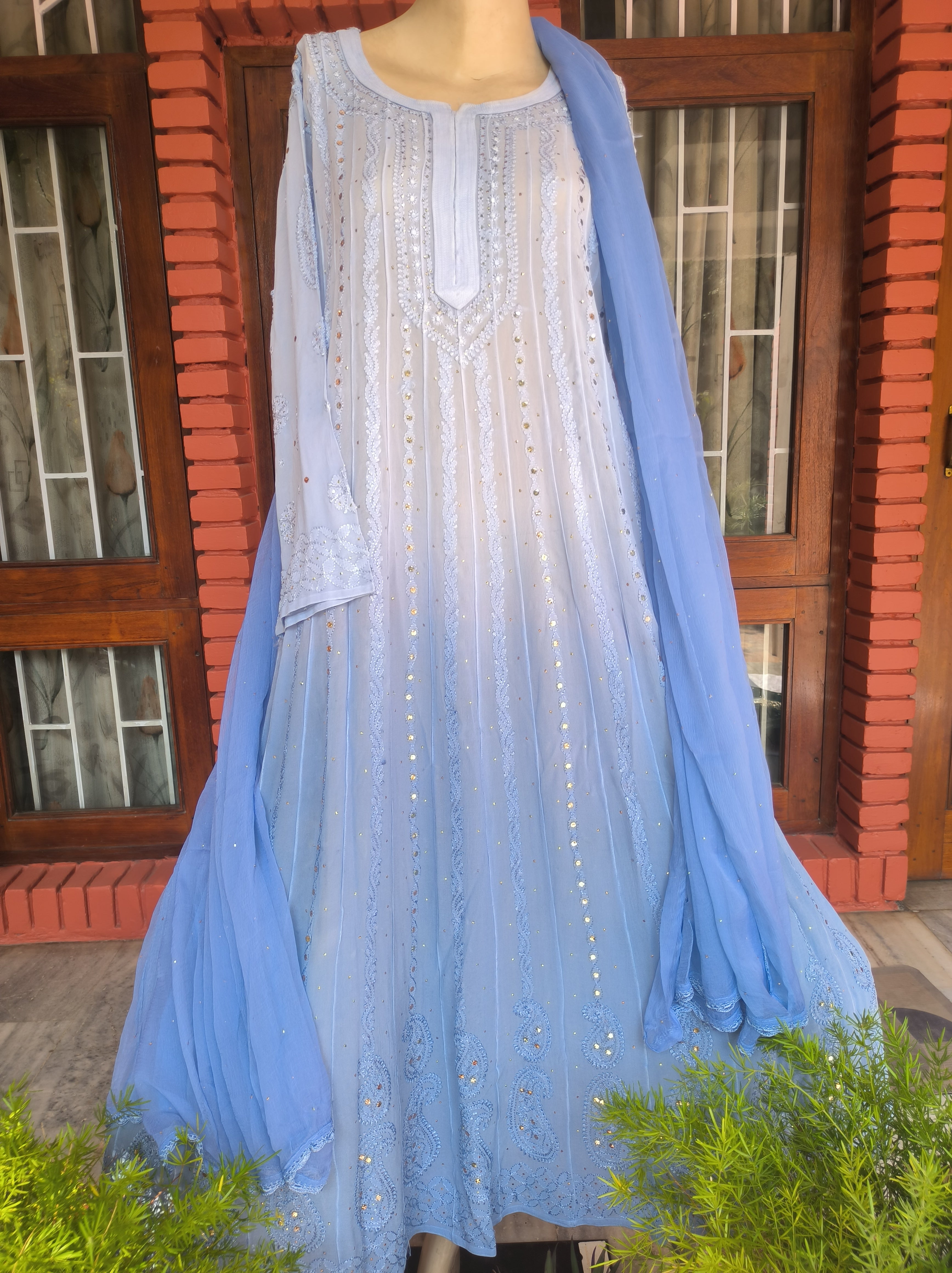 Light blue Lucknowi Chikankari Anarkali Gota Patti Salwar Suit (Semi stitched)