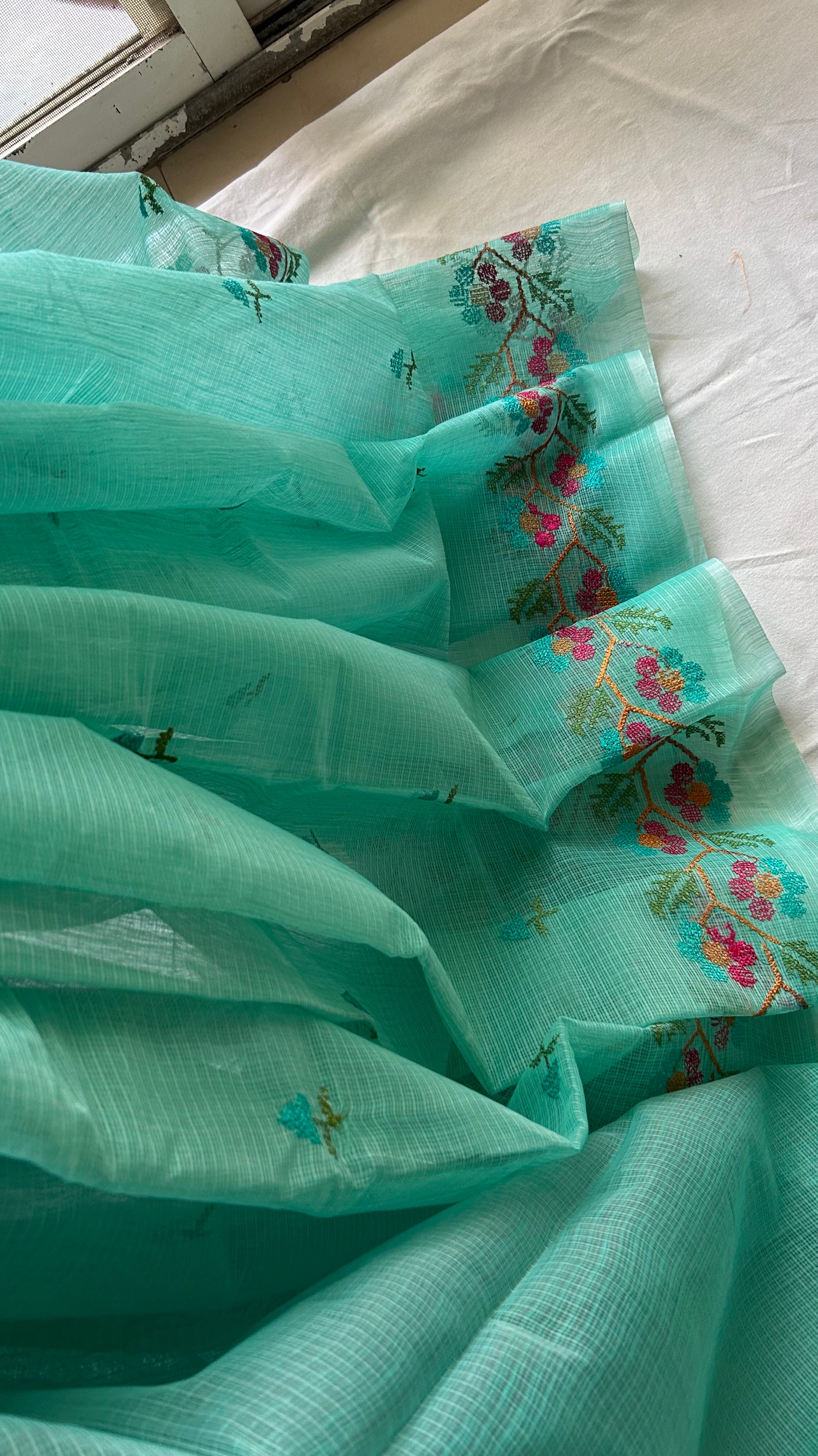 Cross Stitch Kota Doria Embroidery Work Saree In Sea Green