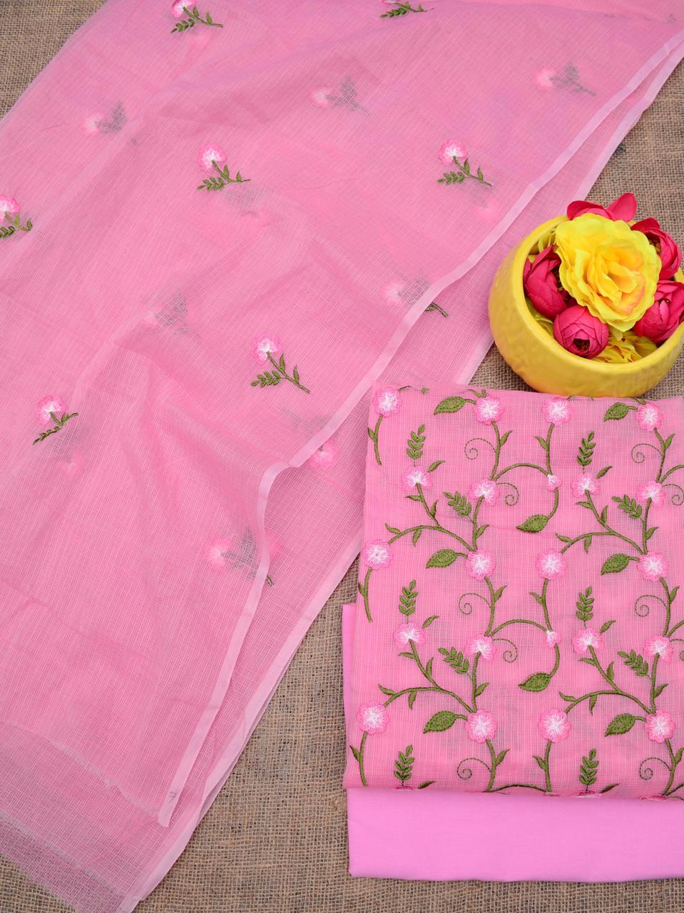 Kota Doria Embroidered Suit Set In Pink