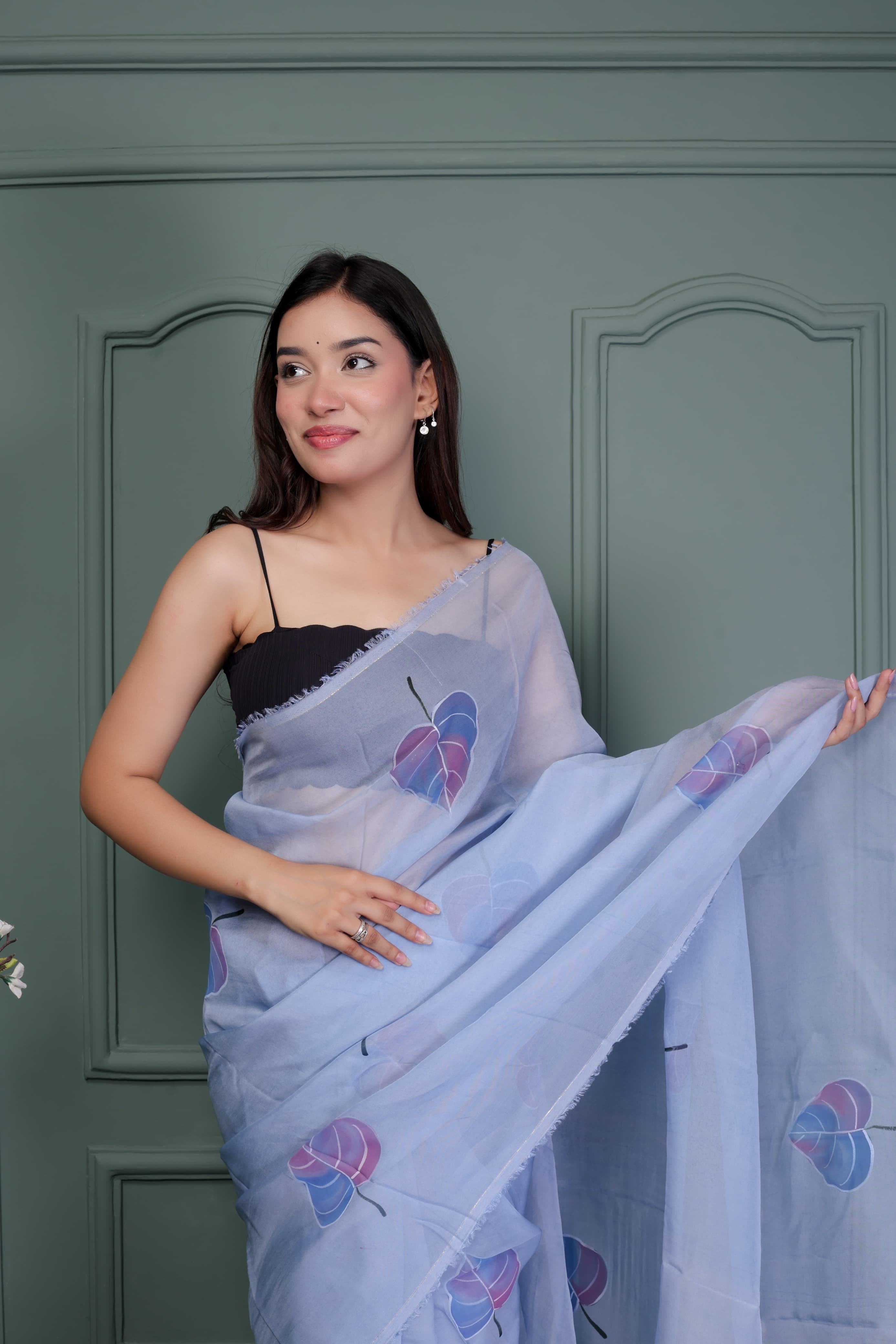 Organza Hand Painted Saree In Grey