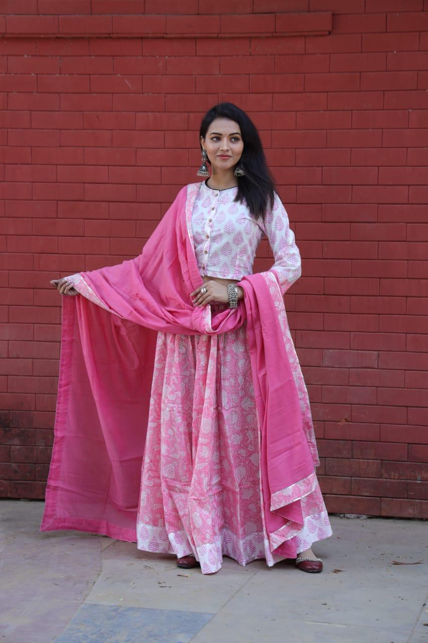 Pink Colour Bagru Print Flora lehenga choli Set