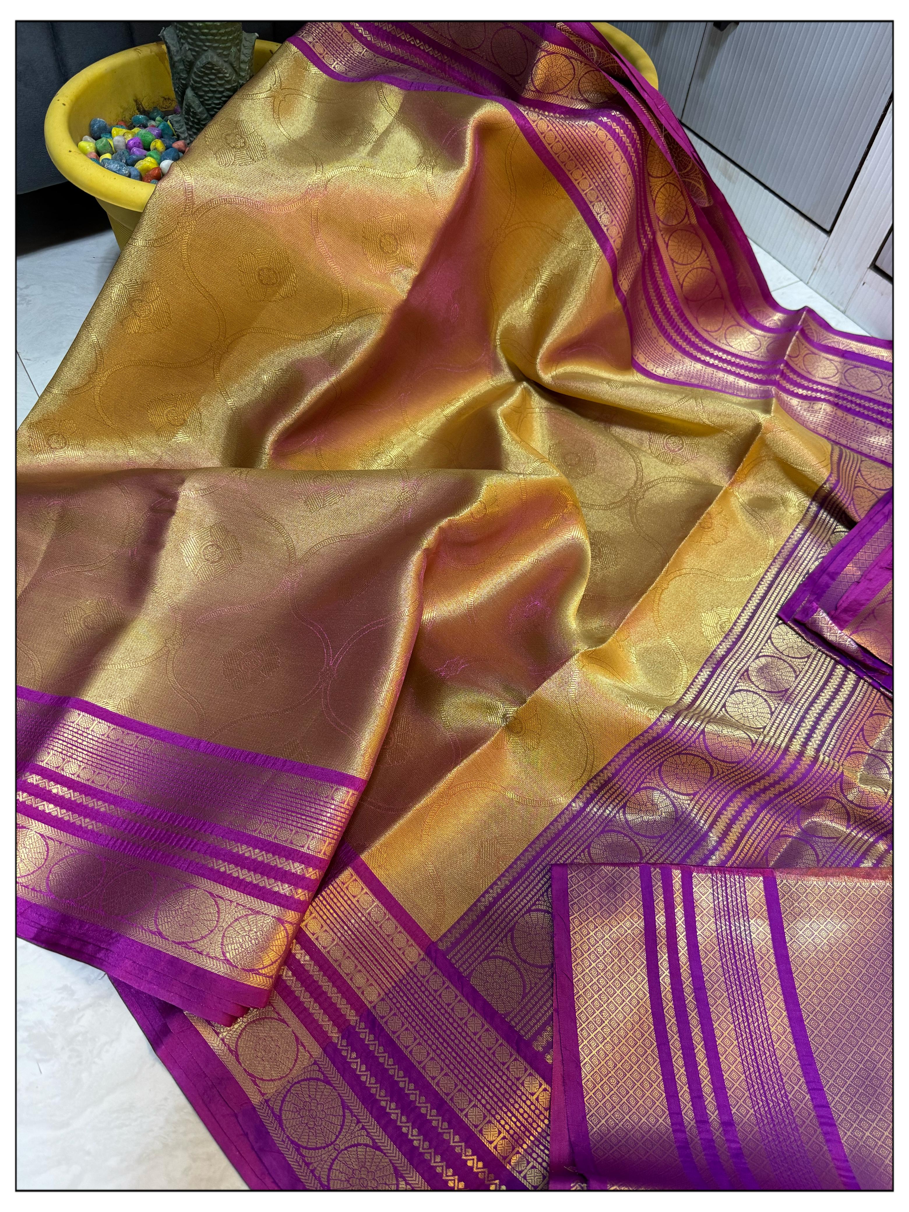 Golden With Pink Banarasi Soft Tissue Saree