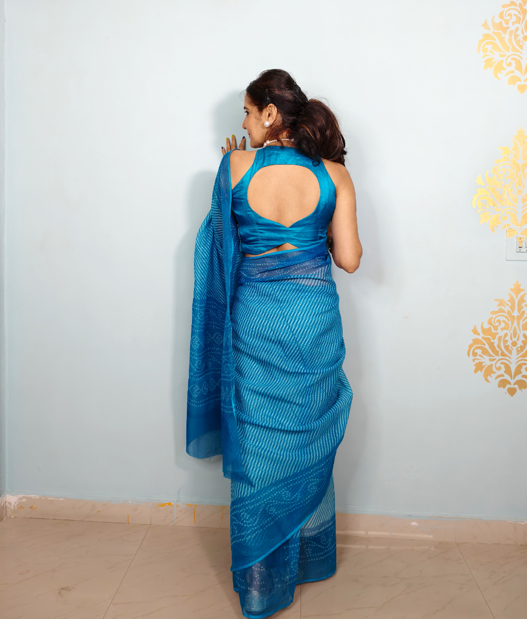 Blue Kota Doria Leheriya Bandhej Saree