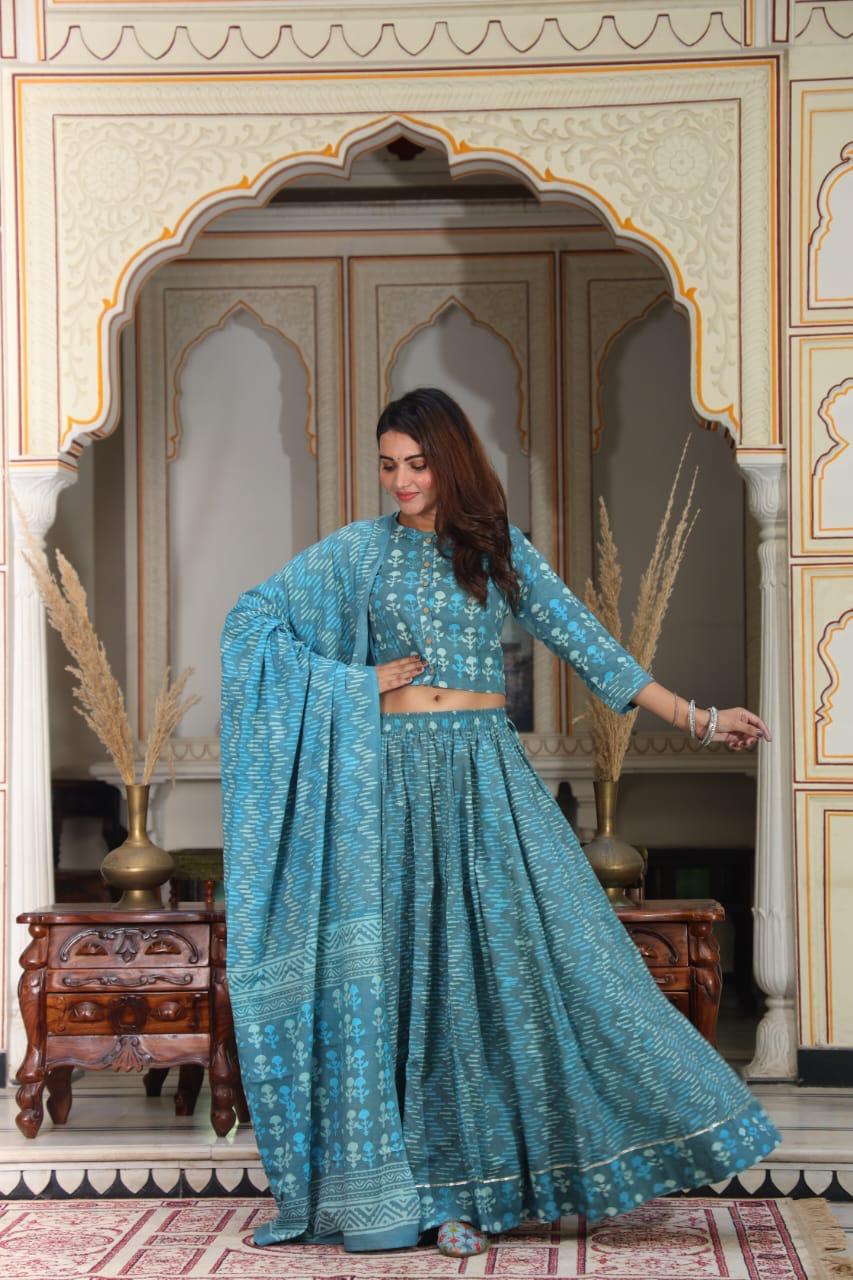 Sea Blue Colour Bagru Print Flora lehenga choli Set