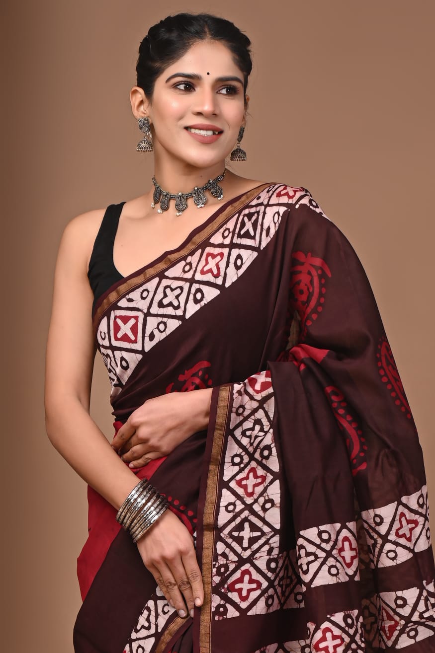 Red & Brown Chanderi Saree Block Printed