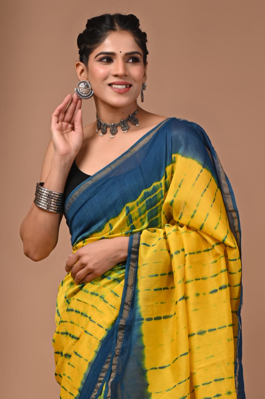 Yellow Chanderi Hand Printed  Saree