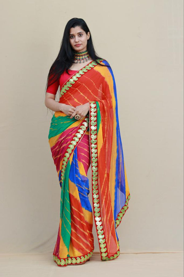 Multicolored Chiffon Saree With Gota Work,Shop Now,Rajputi Chiffon Saree,Grab Now,Leheriya Saree