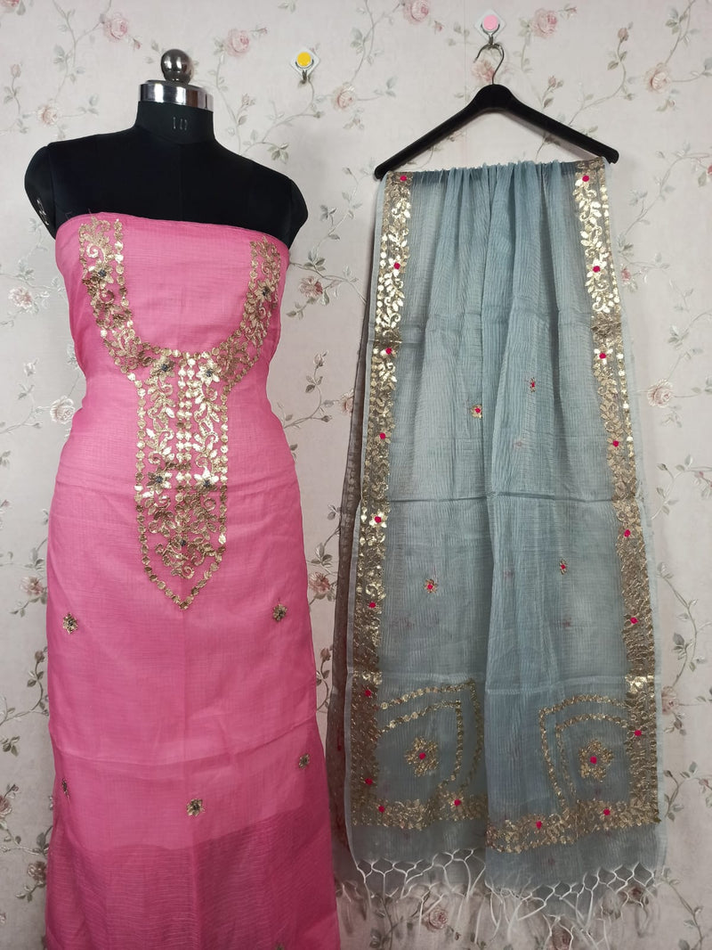 Beautiful Kota Doria Embroidery Work Suit In pink and grey,kota doria suits in jaipur