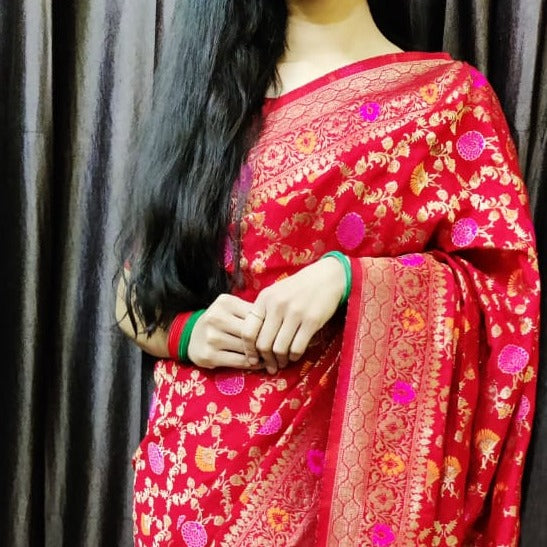 Designer Banarasi Jaal art Silk Saree in Red