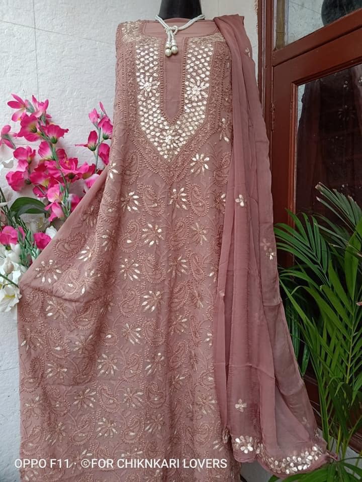 Brown Georgette Chikankai Gota Salwar Suit,Buy Lakhnawi Suits,Shop Lucknowi Dress