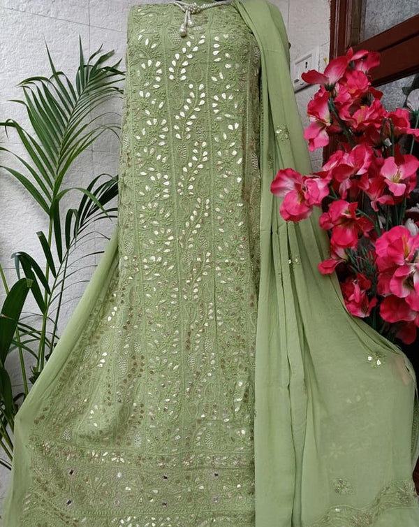 Green Chikankai Gota Work Salwar Suit,Best Chikankari Unstitched Suits,Authentic Party Wear Chikankari Suits Online