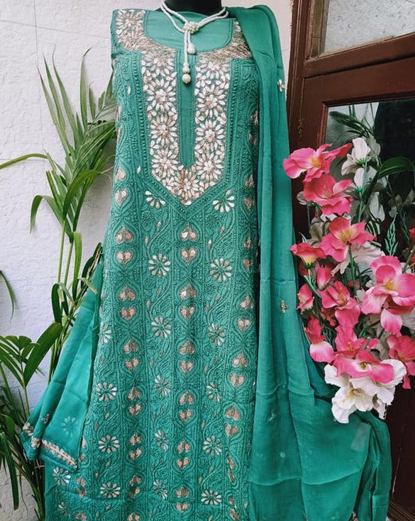 Green Chikankari Gota Salwar Suit,Shop Lucknowi Dress,Best Chikankari Suits Online
