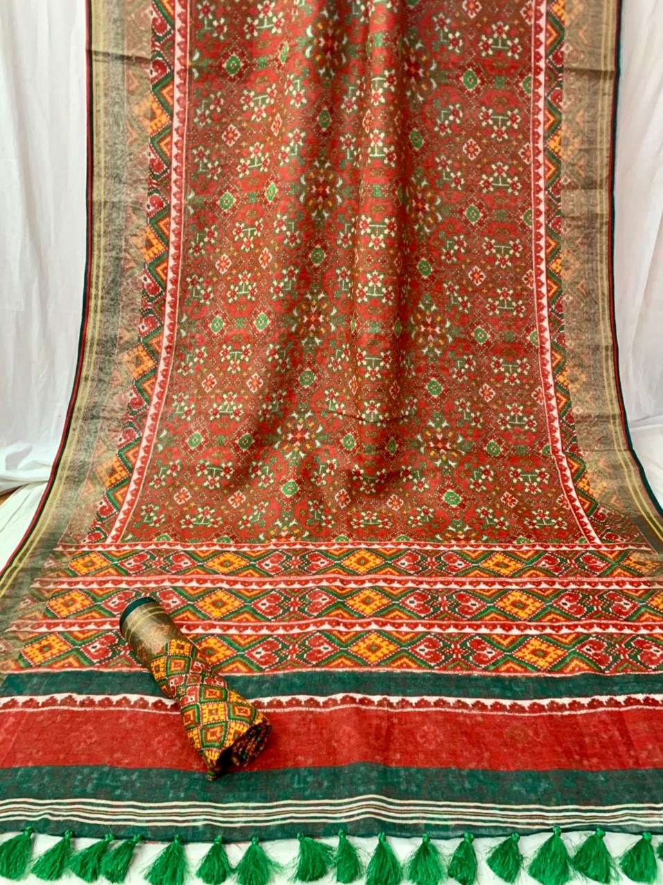 Red Linen Saree With Patola Print