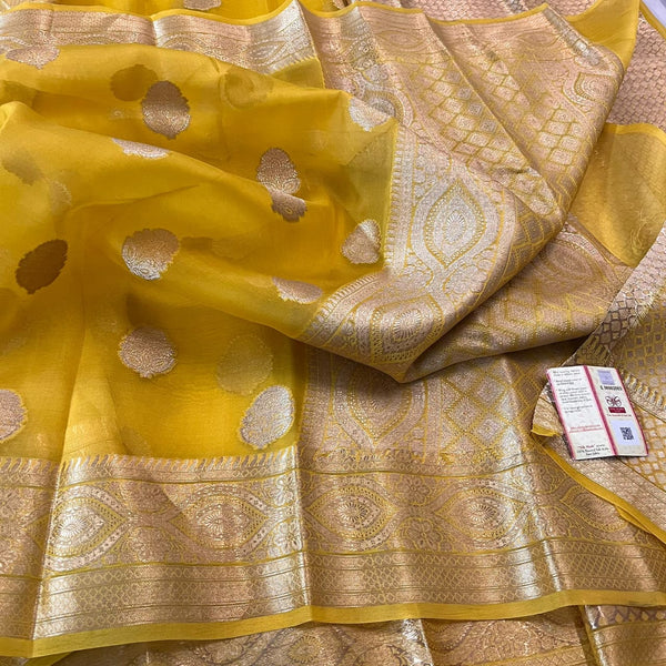 Yellow Banarasi Semi Kora Organza Saree
