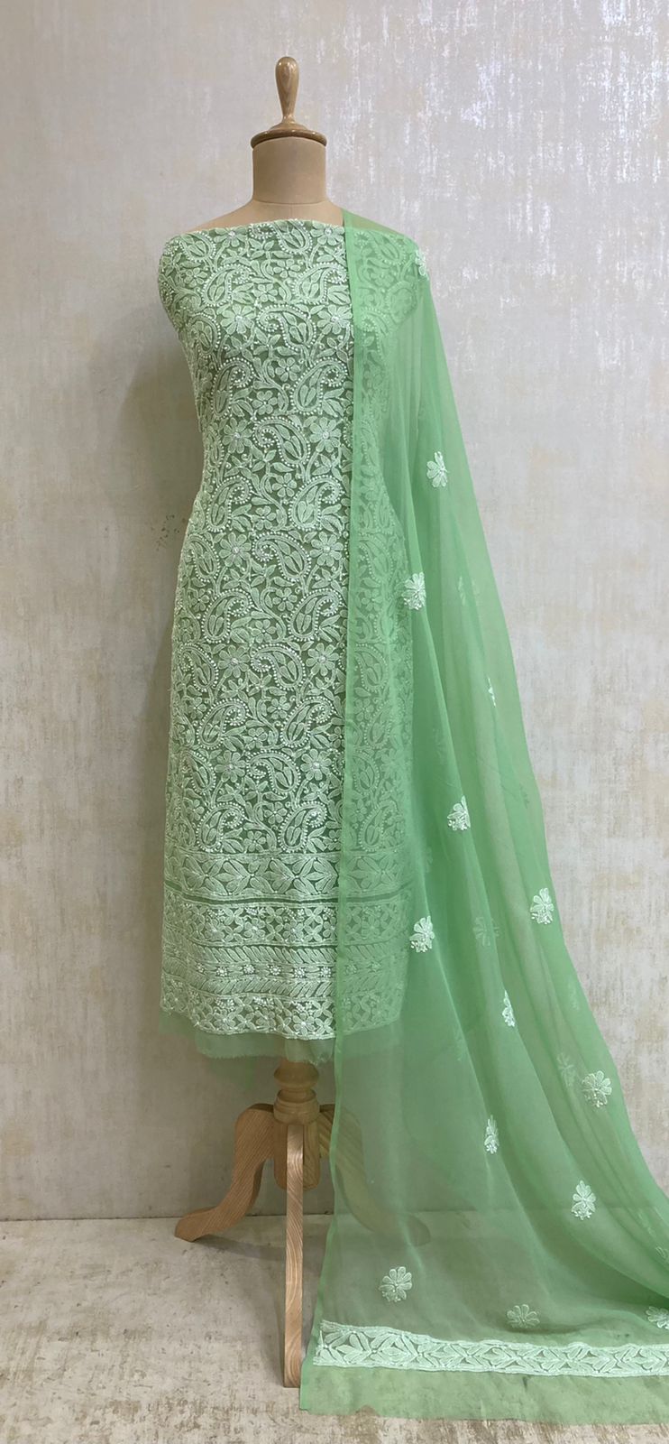Sage Green Georgette kurti with chikankari embroidery 