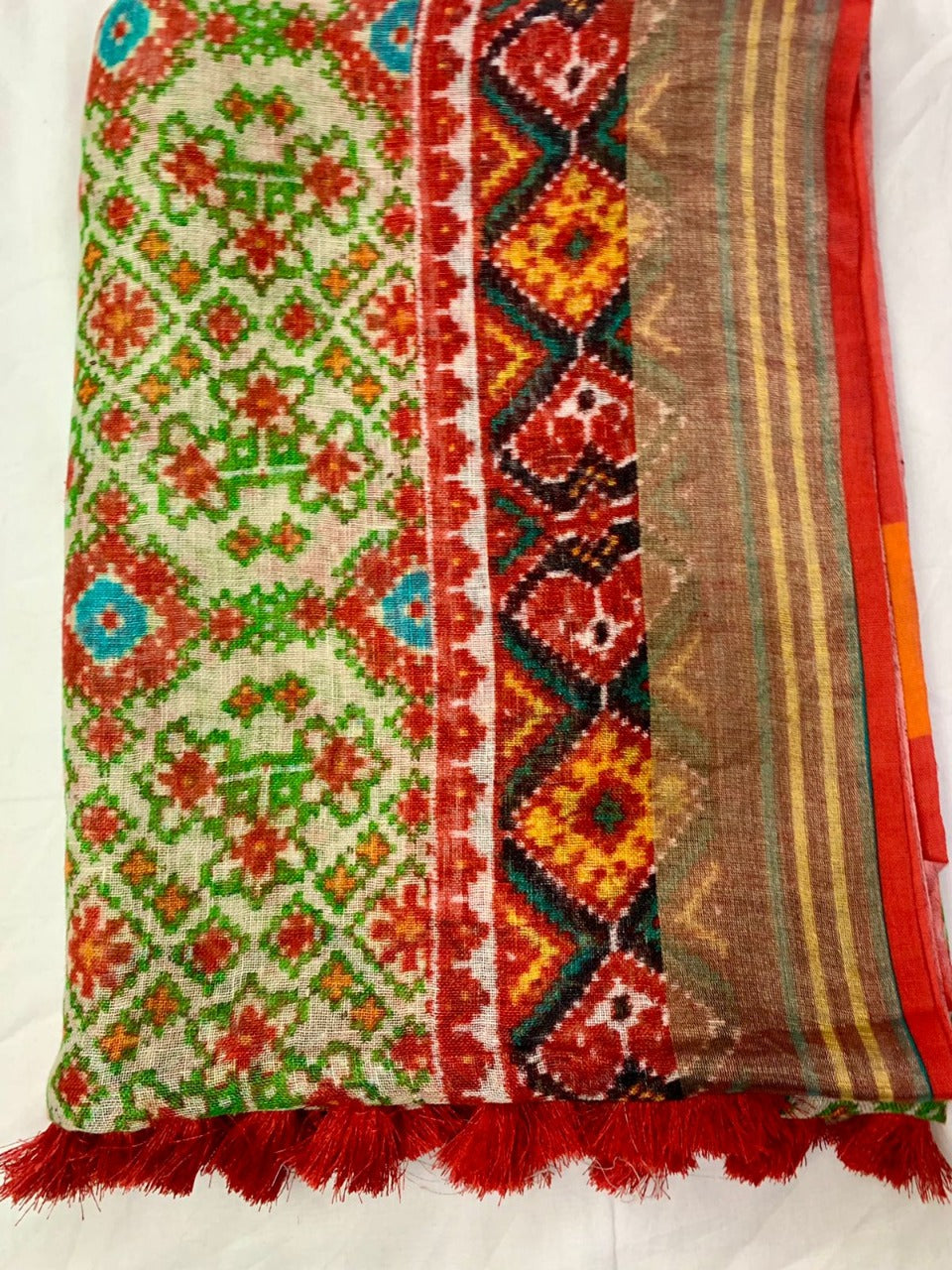 Green And Red Linen Saree With Patola Print