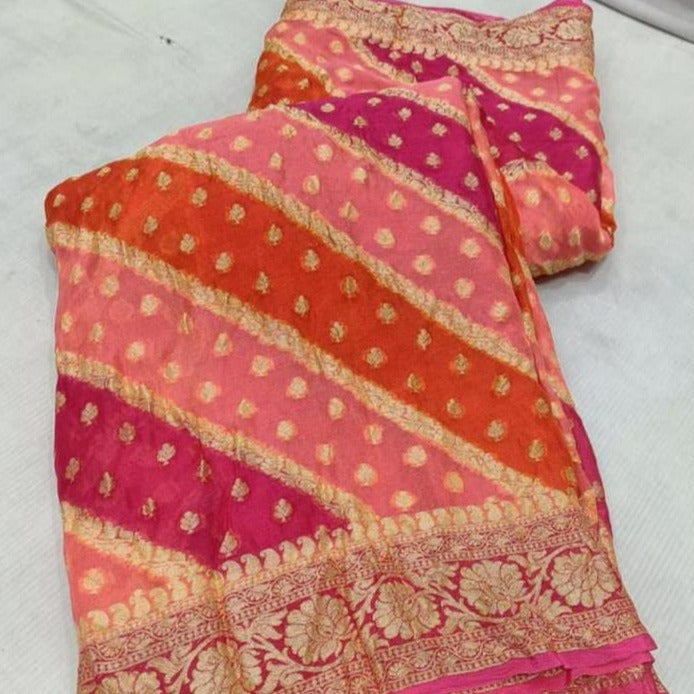 Bright Pink and Red Fun Pattern Banarasi Meenakari Saree