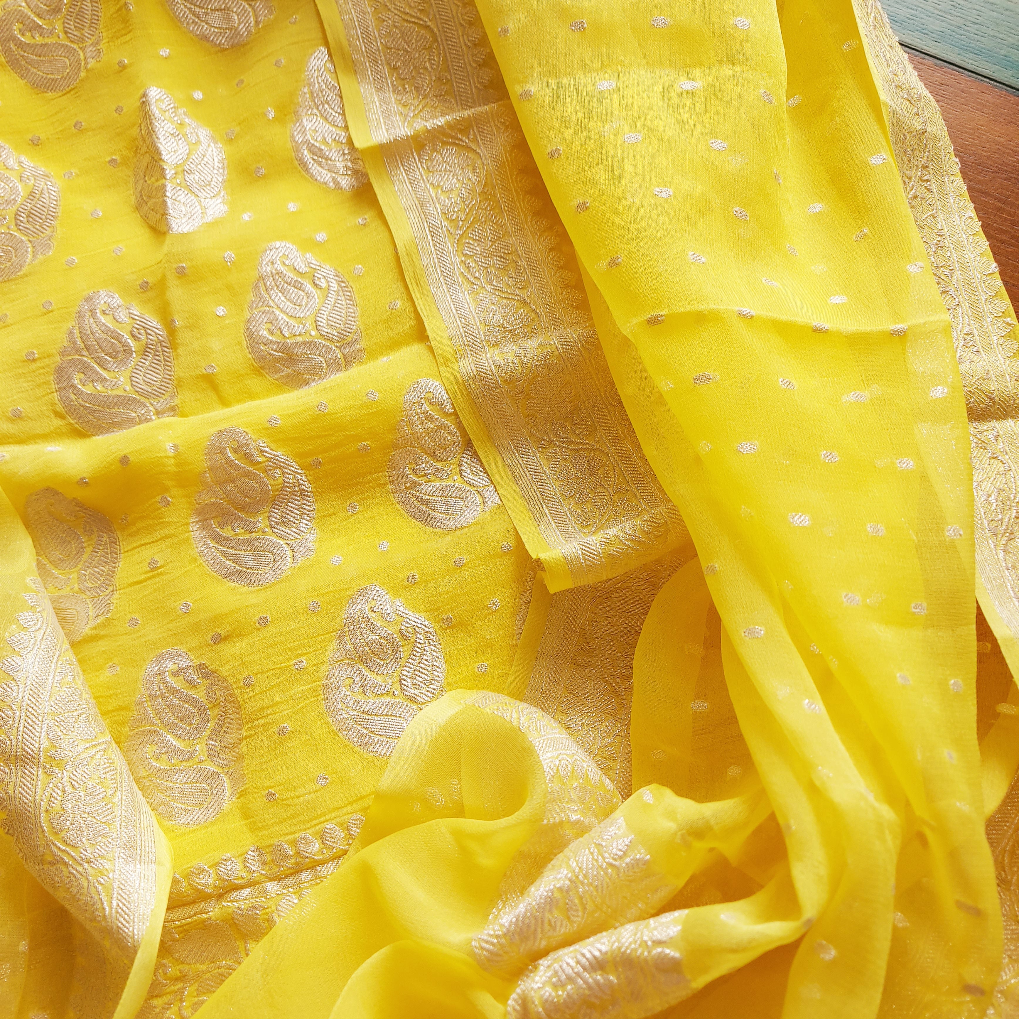 Banarasi Khaddi Salwar Suit In Yellow,Buy Banarasi Khaddi Silk Suit Online,Latest Banarasi Salwar Suit At Affordable Rate