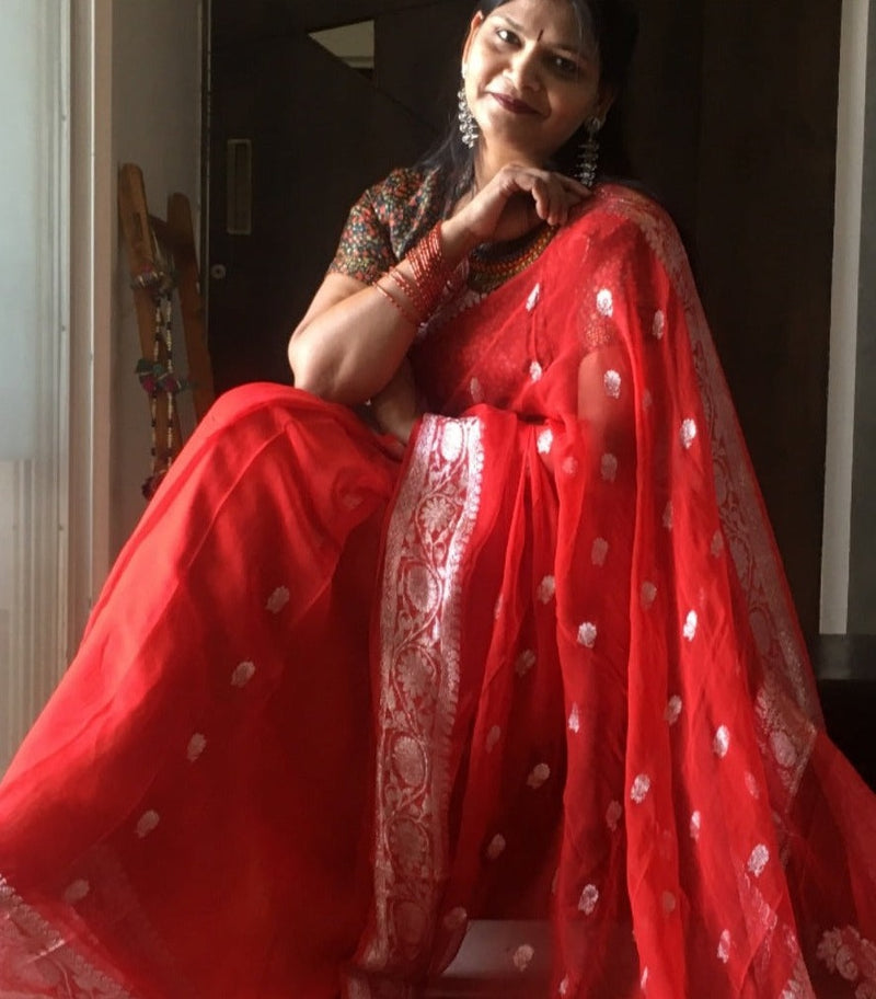 Red Banarsee Khaddi Chiffon Saree,Wedding Saree, Indian Sarees, Online Sarees