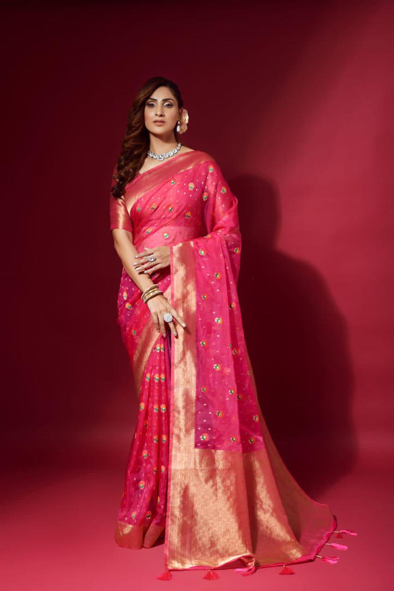 Pink Pattu Organza Silk Saree