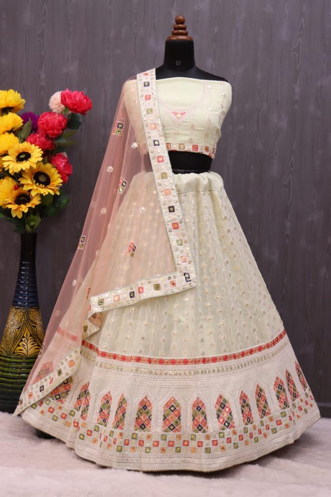 Cream Chikankari Lehenga