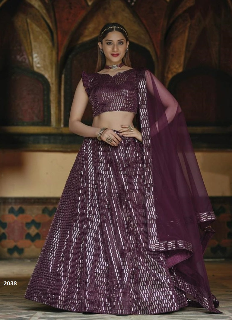 Wine Net with Sequins Embroidery Work Lehenga(ONLY PREPAID)