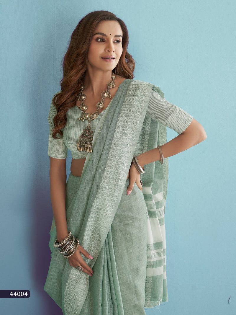 Pure linen Cotton saree in Green color