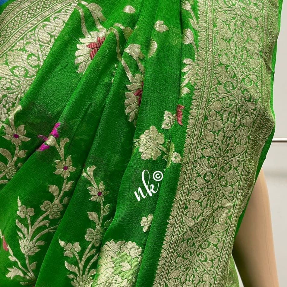 Pear Green Floral Jaal Banarasi Saree