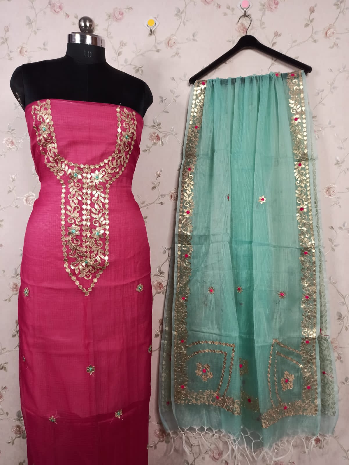 Beautiful Kota Doria Embroidery Work Suit In pinkkota doria suits with price