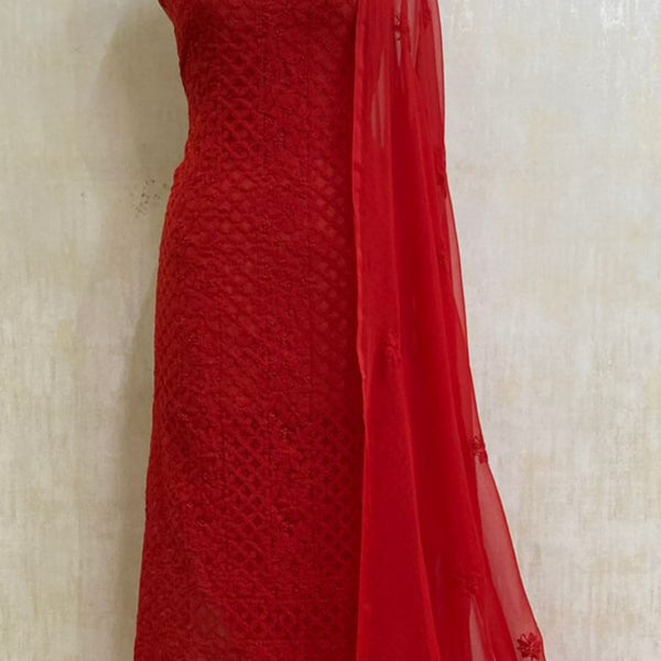 Red Georgette Chikankari Salwar Suit Set,Buy Lucknowi Chikanakri Suit Online,Shop Chikankari Suit Set At Affordable Price