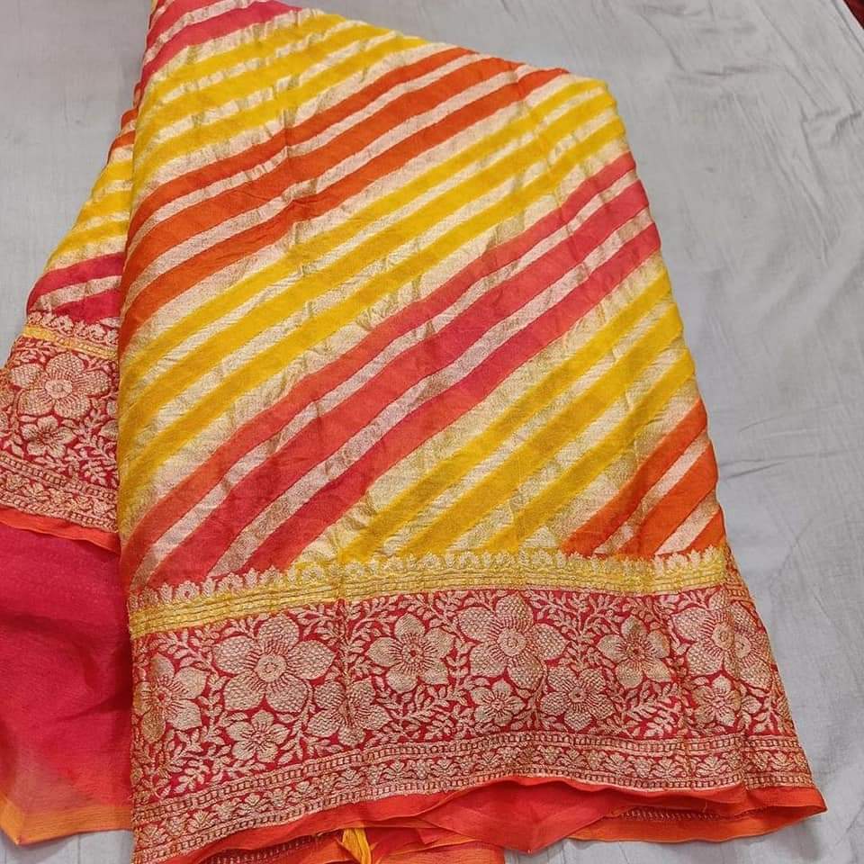 Traditional Red-Yellow Banarasi Chiffon Saree with minakari