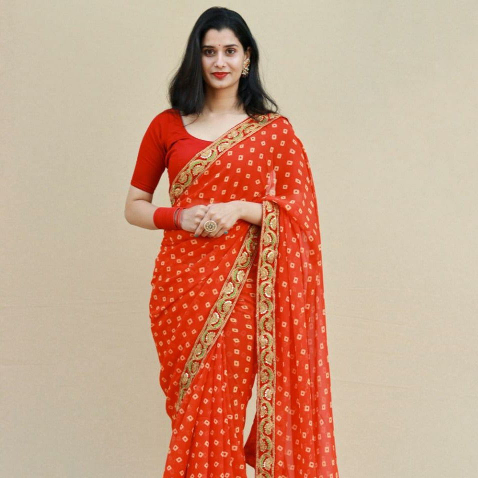 Soft Georgette Bandhej Saree In Red,Grab Now,Multicolour Chiffon Saree,Steal Now,Mirror Work Saree