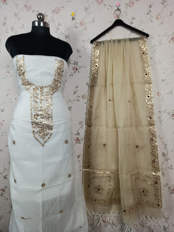 Beautiful Kota Doria Embroidery Work Suit In whitekota doria suit material