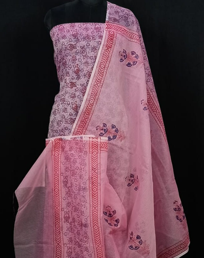 Pink Kota Doria Hand Block Print Suit,kota doria suits in jaipur