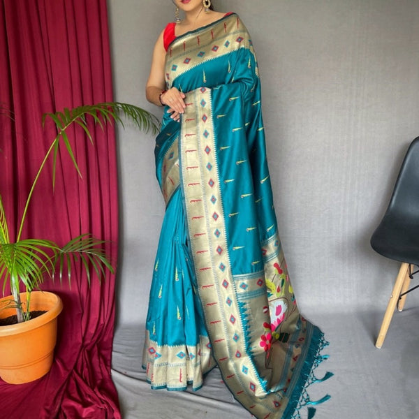 Azure-Blue Brocaded Paithani Handloom Silk Sari from Maharashtra with  Peacock Motif Zari-Woven Pallu | Exotic India Art